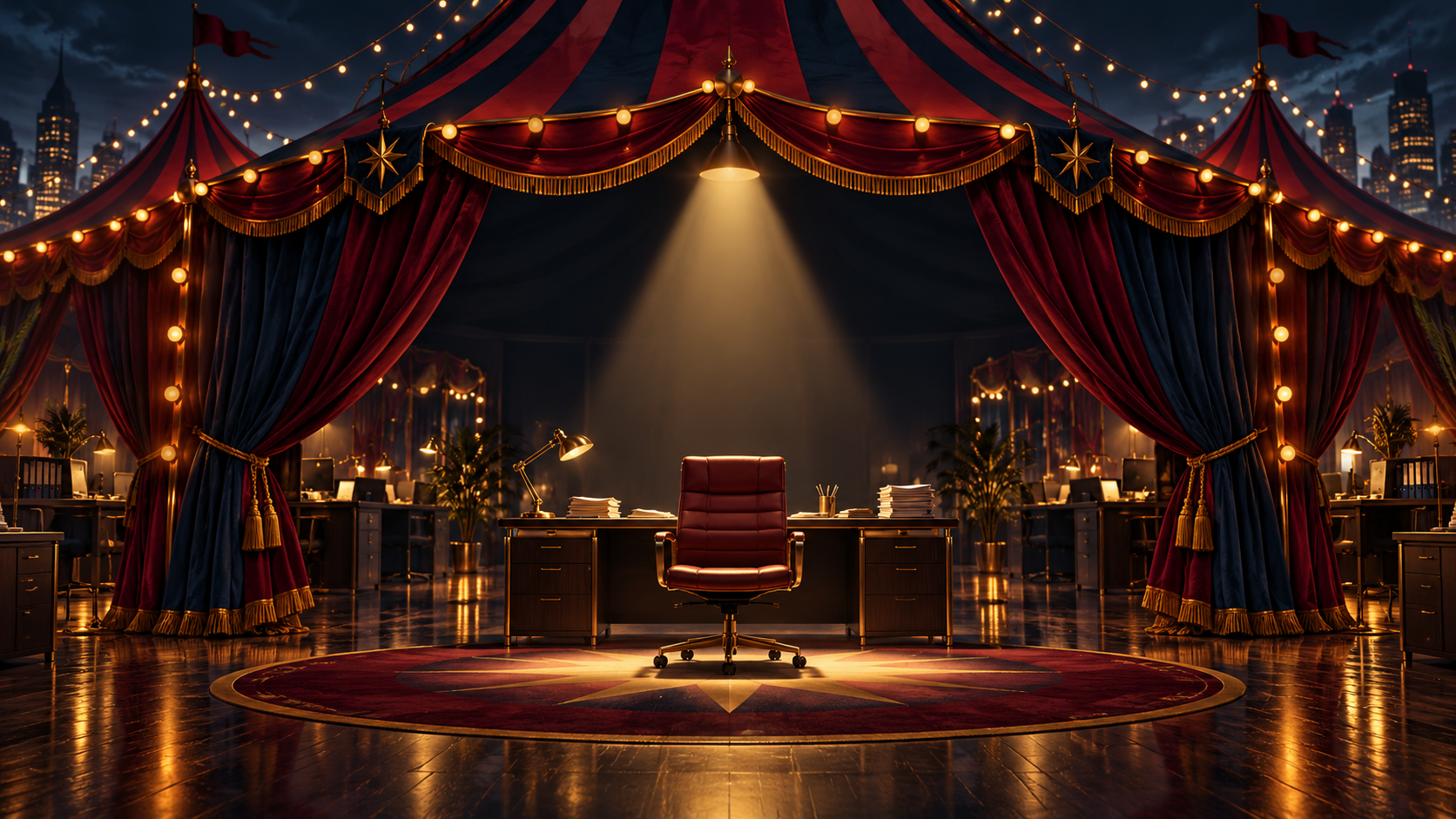 The Workplace Circus series artwork: a theatrical office stage under a spotlight
